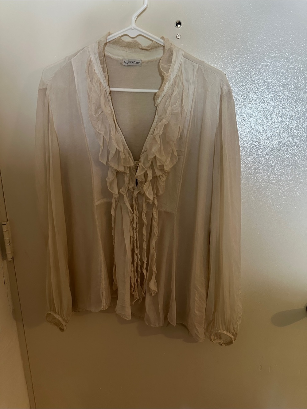 Made in Italy Ivory Sheer Silk Viscose Ruffle Front V-Neck Long Sleeve Blouse M